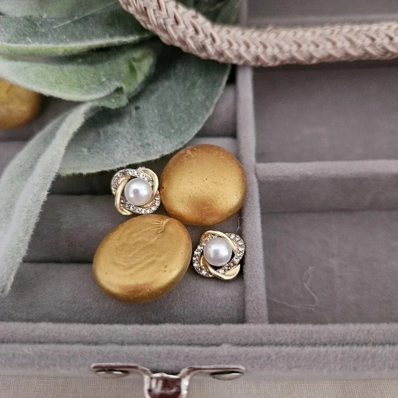 14k real gold over 925 sterling silver earrings, upscale CZ and pearl twist. - Picture 5 of 5